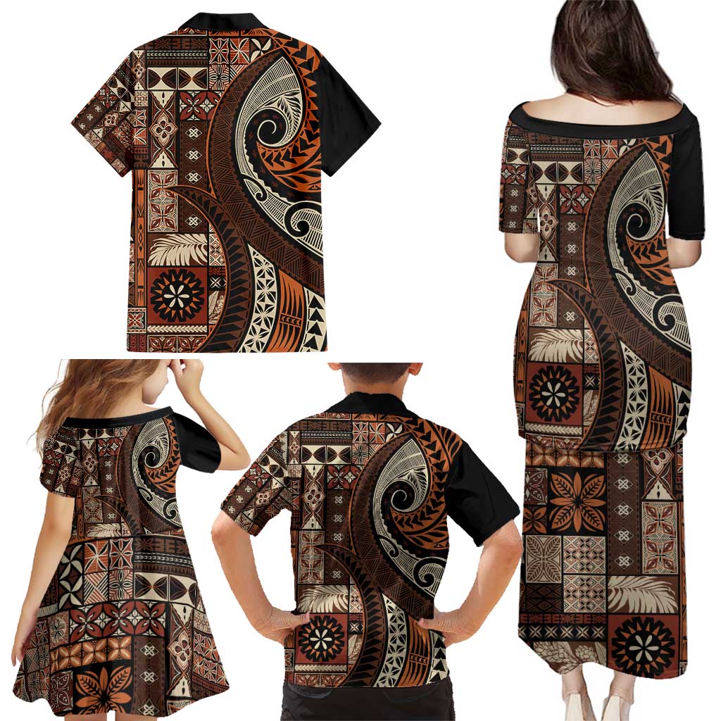 Vintage Samoa Siapo Mamanu Family Matching Puletasi and Hawaiian Shirt Brown Samoan Tapa Motif LT9 - Polynesian Pride