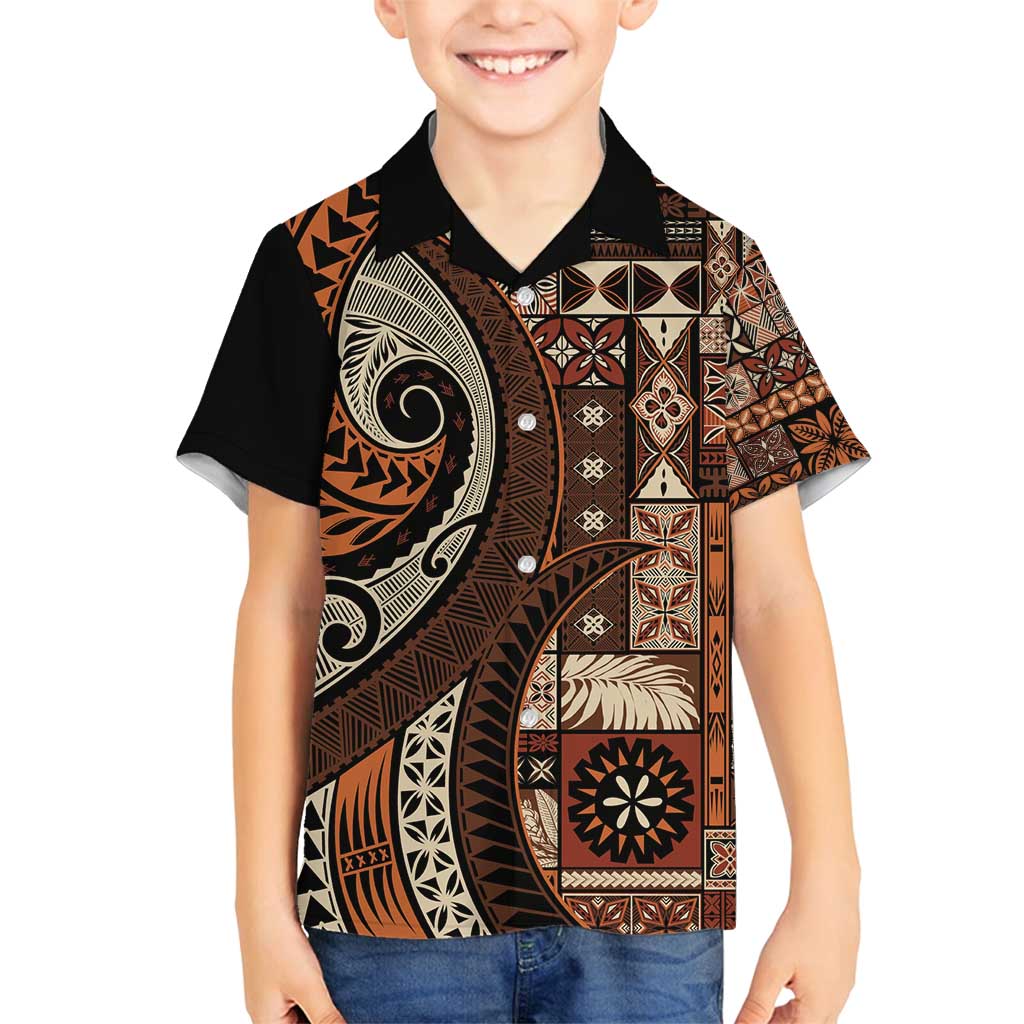 Vintage Samoa Siapo Mamanu Family Matching Puletasi and Hawaiian Shirt Brown Samoan Tapa Motif LT9 Son's Shirt Brown - Polynesian Pride