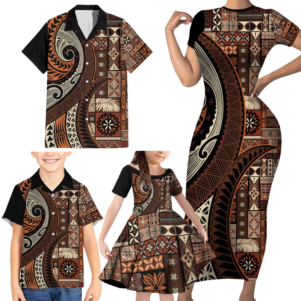 Vintage Samoa Siapo Mamanu Family Matching Short Sleeve Bodycon Dress and Hawaiian Shirt Brown Samoan Tapa Motif LT9 - Polynesian Pride