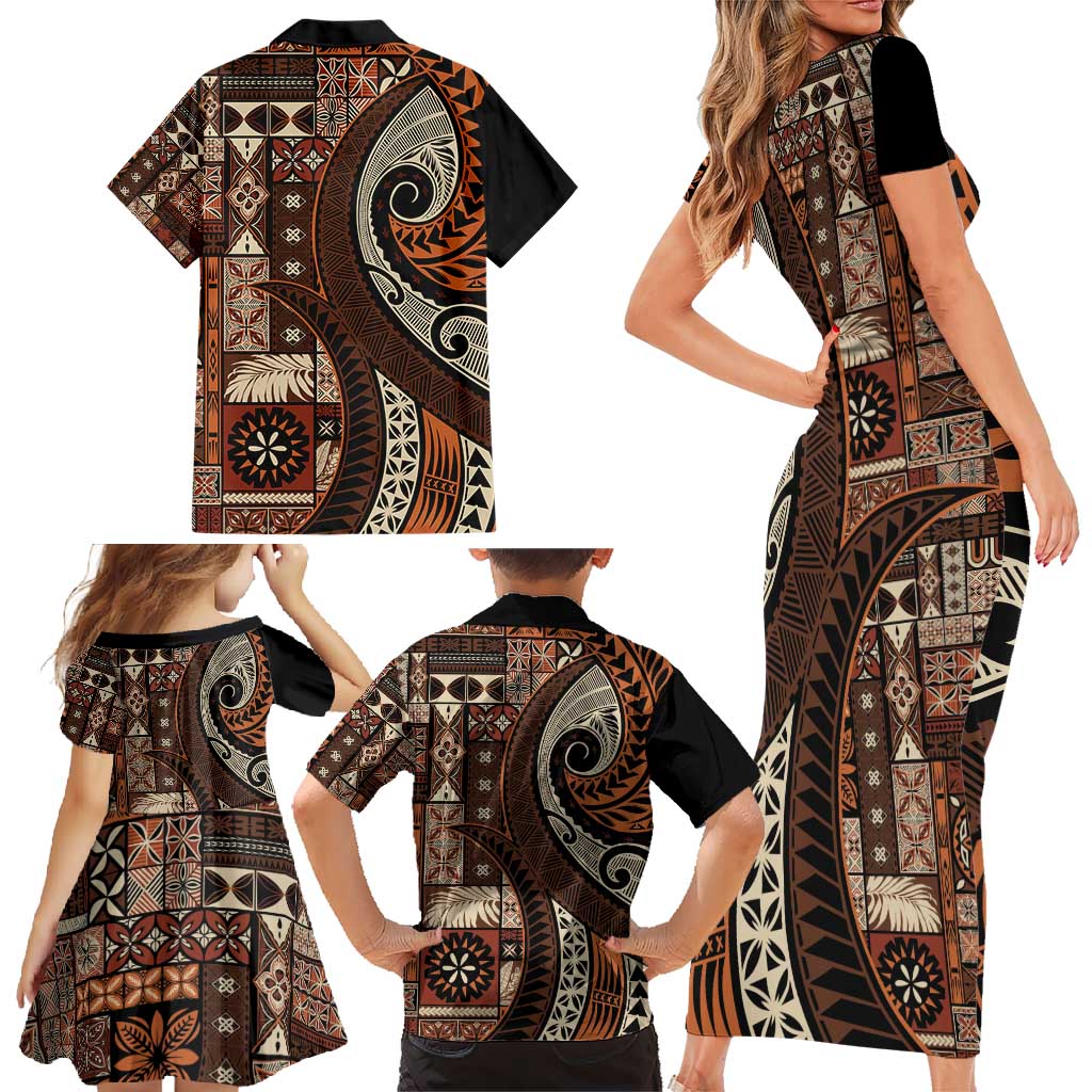 Vintage Samoa Siapo Mamanu Family Matching Short Sleeve Bodycon Dress and Hawaiian Shirt Brown Samoan Tapa Motif LT9 - Polynesian Pride