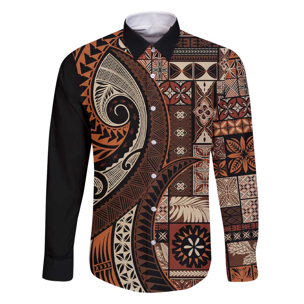 Vintage Samoa Siapo Mamanu Family Matching Short Sleeve Bodycon Dress and Hawaiian Shirt Brown Samoan Tapa Motif LT9 Dad's Shirt - Long Sleeve Brown - Polynesian Pride