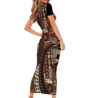 Vintage Samoa Siapo Mamanu Family Matching Short Sleeve Bodycon Dress and Hawaiian Shirt Brown Samoan Tapa Motif LT9 - Polynesian Pride