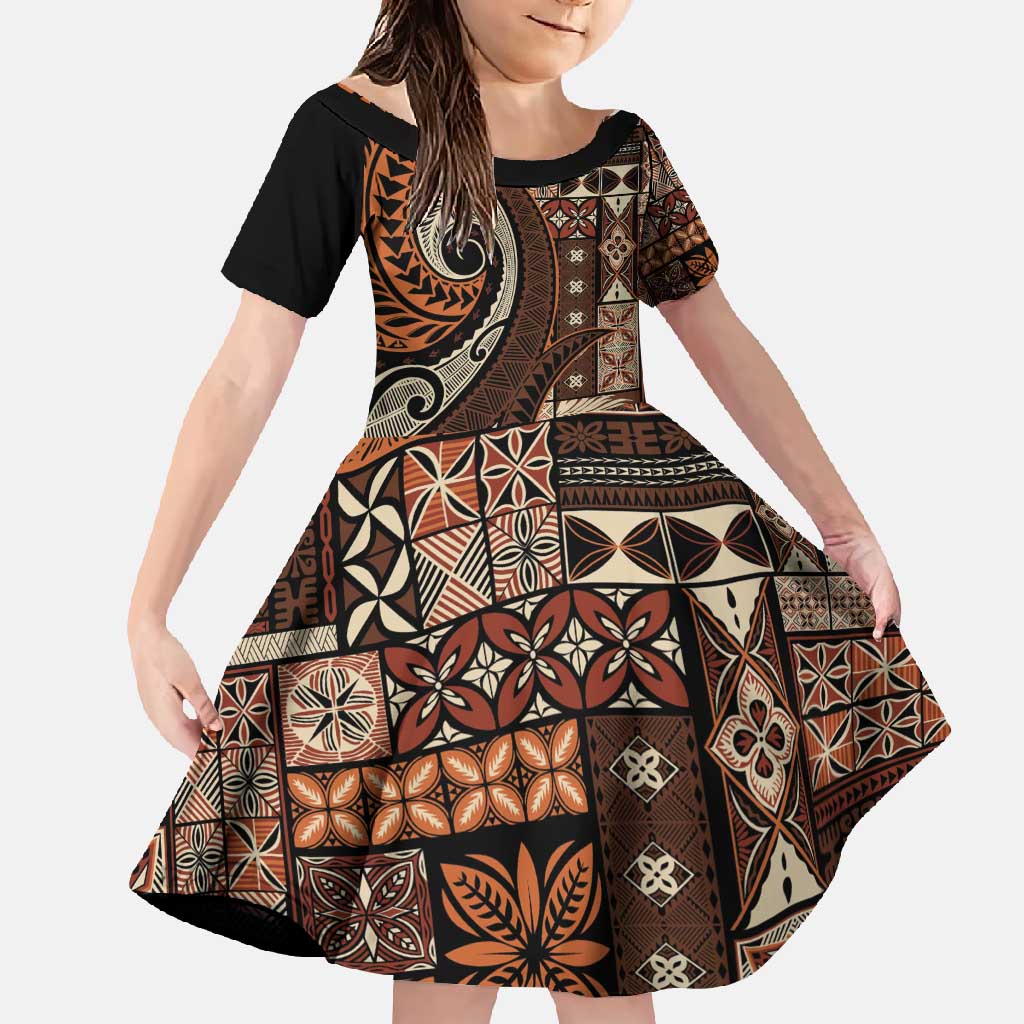 Vintage Samoa Siapo Mamanu Family Matching Summer Maxi Dress and Hawaiian Shirt Brown Samoan Tapa Motif LT9 Daughter's Dress Brown - Polynesian Pride