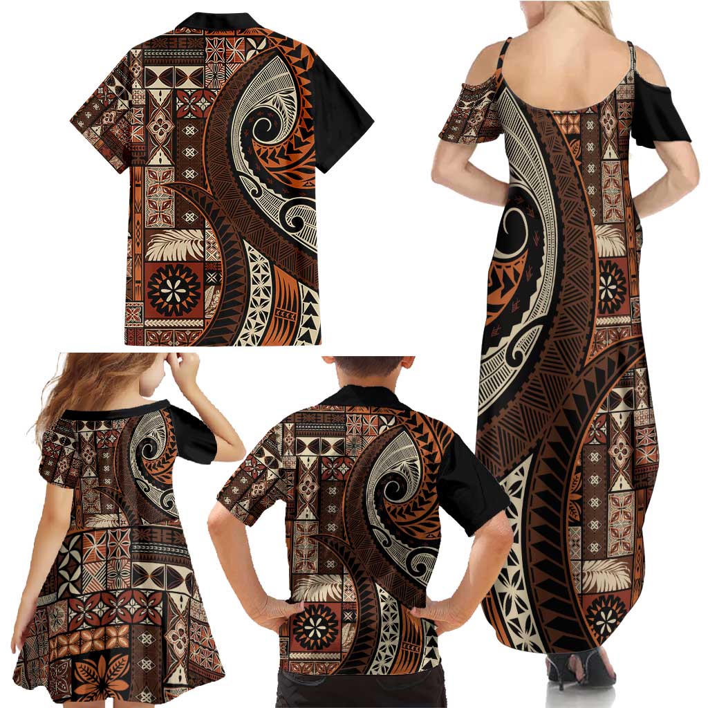 Vintage Samoa Siapo Mamanu Family Matching Summer Maxi Dress and Hawaiian Shirt Brown Samoan Tapa Motif LT9 - Polynesian Pride