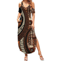 Vintage Samoa Siapo Mamanu Family Matching Summer Maxi Dress and Hawaiian Shirt Brown Samoan Tapa Motif LT9 Mom's Dress Brown - Polynesian Pride