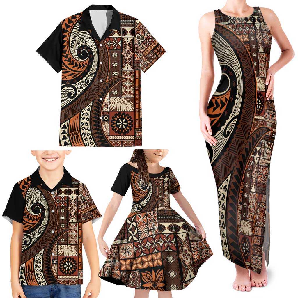 Vintage Samoa Siapo Mamanu Family Matching Tank Maxi Dress and Hawaiian Shirt Brown Samoan Tapa Motif LT9 - Polynesian Pride