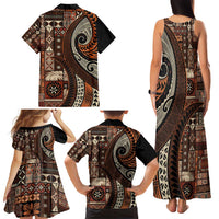 Vintage Samoa Siapo Mamanu Family Matching Tank Maxi Dress and Hawaiian Shirt Brown Samoan Tapa Motif LT9 - Polynesian Pride