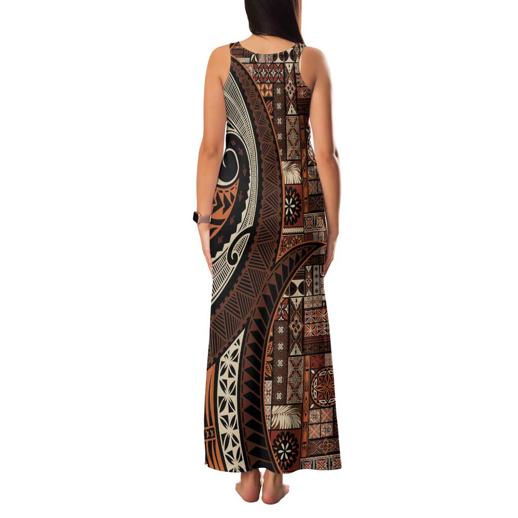 Vintage Samoa Siapo Mamanu Family Matching Tank Maxi Dress and Hawaiian Shirt Brown Samoan Tapa Motif LT9 - Polynesian Pride