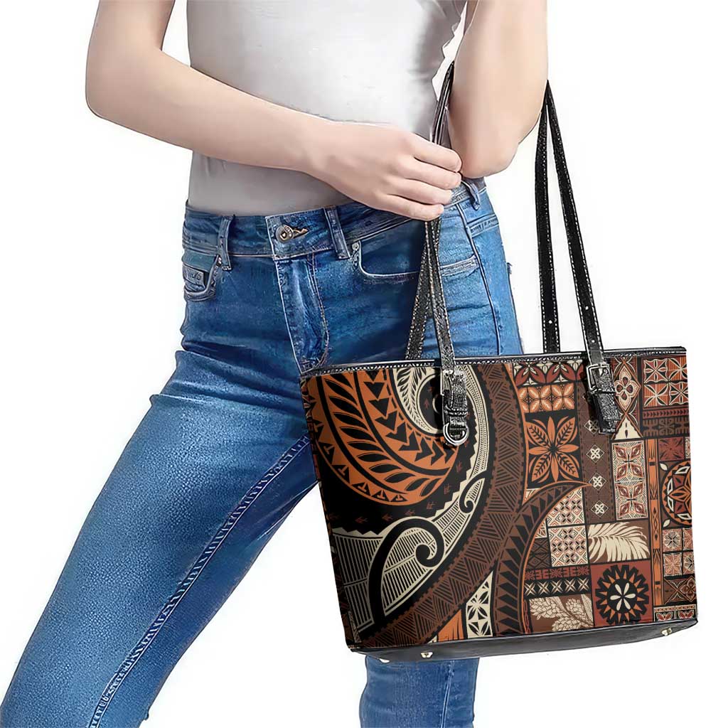 Vintage Samoa Siapo Mamanu Leather Tote Bag Brown Samoan Tapa Motif - Polynesian Pride