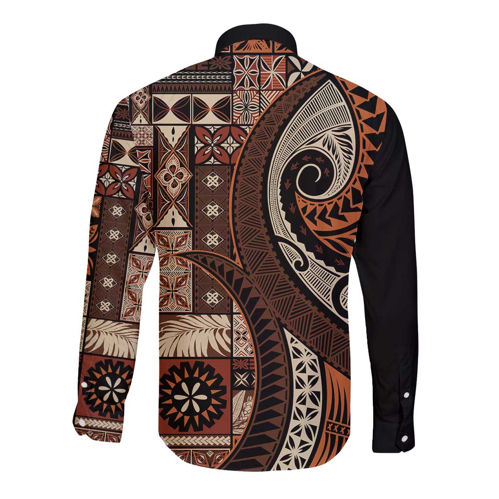 Vintage Samoa Siapo Mamanu Long Sleeve Button Shirt Brown Samoan Tapa Motif - Polynesian Pride