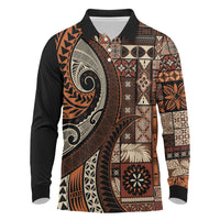 Vintage Samoa Siapo Mamanu Long Sleeve Polo Shirt Brown Samoan Tapa Motif - Polynesian Pride