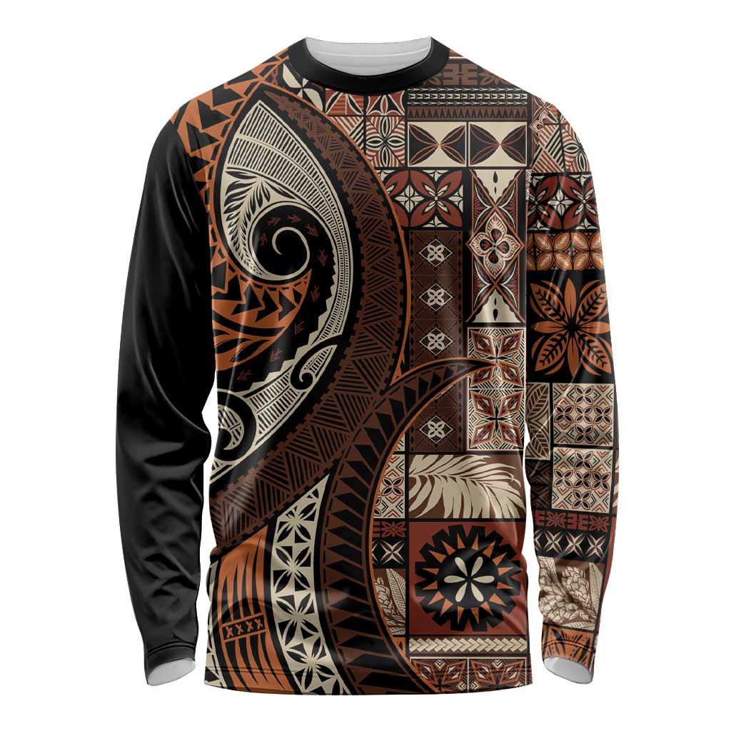 Vintage Samoa Siapo Mamanu Long Sleeve Shirt Brown Samoan Tapa Motif - Polynesian Pride