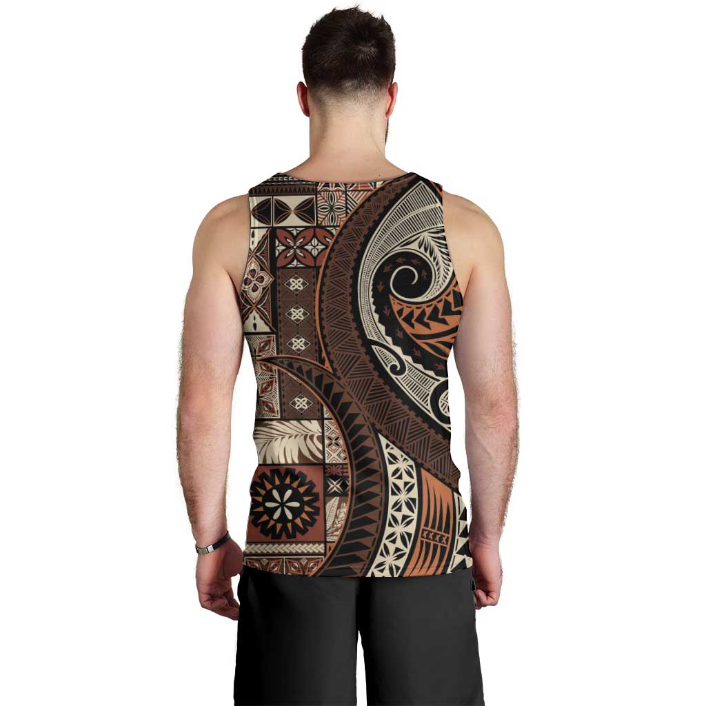 Vintage Samoa Siapo Mamanu Men Tank Top Brown Samoan Tapa Motif LT9 - Polynesian Pride