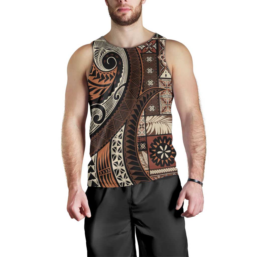 Vintage Samoa Siapo Mamanu Men Tank Top Brown Samoan Tapa Motif LT9 - Polynesian Pride
