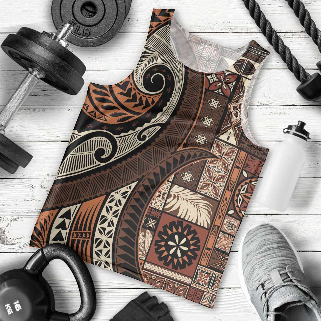 Vintage Samoa Siapo Mamanu Men Tank Top Brown Samoan Tapa Motif LT9 - Polynesian Pride