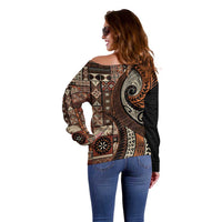 Vintage Samoa Siapo Mamanu Off Shoulder Sweater Brown Samoan Tapa Motif - Polynesian Pride
