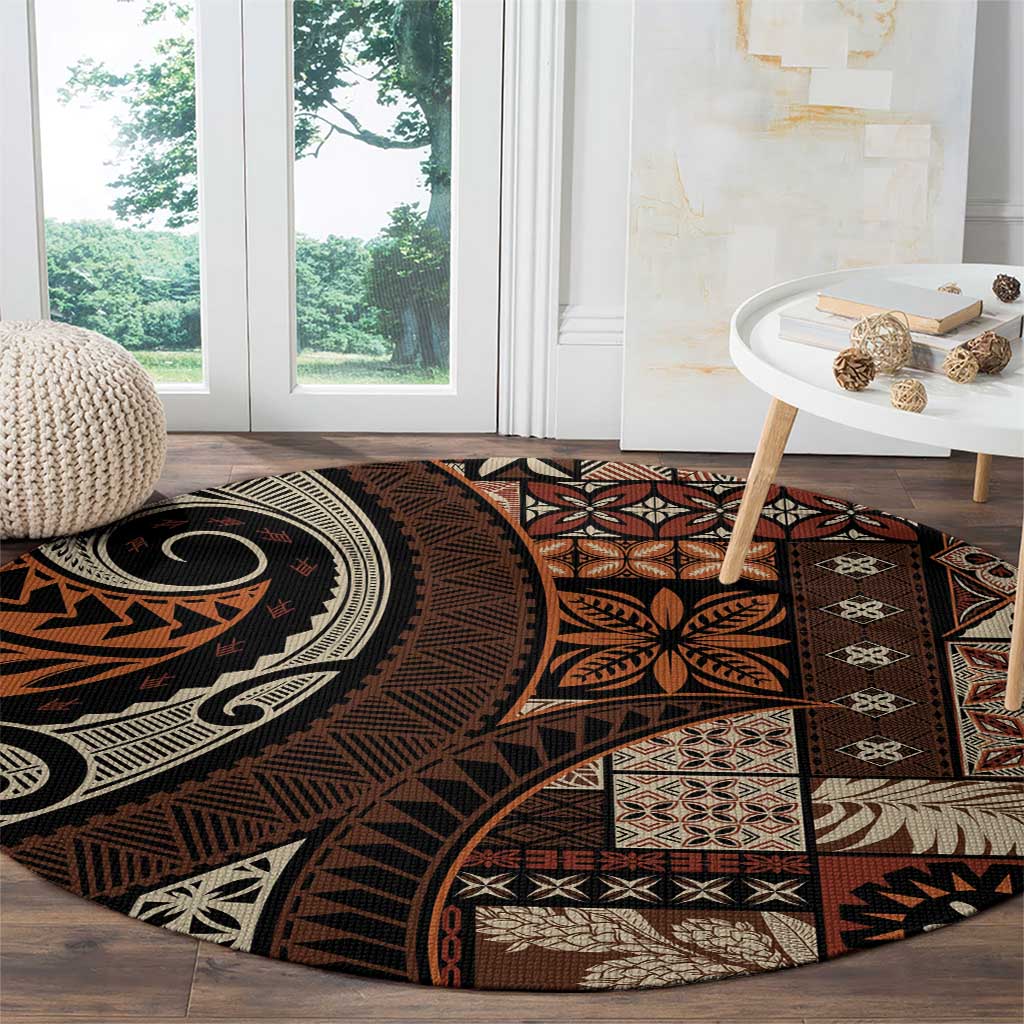 Vintage Samoa Siapo Mamanu Round Carpet Brown Samoan Tapa Motif - Polynesian Pride