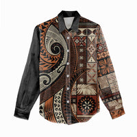 Vintage Samoa Siapo Mamanu Women Casual Shirt Brown Samoan Tapa Motif - Polynesian Pride
