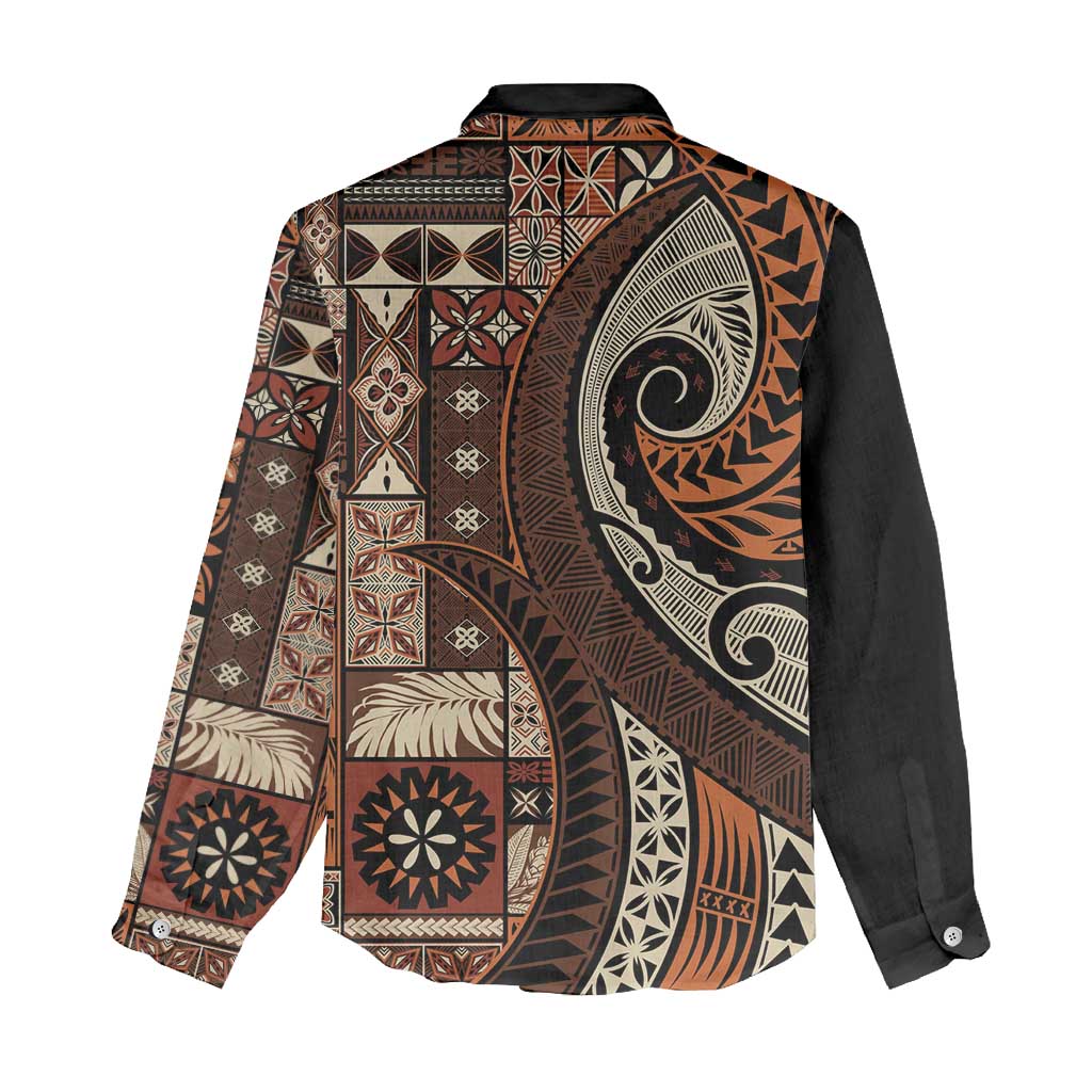 Vintage Samoa Siapo Mamanu Women Casual Shirt Brown Samoan Tapa Motif - Polynesian Pride