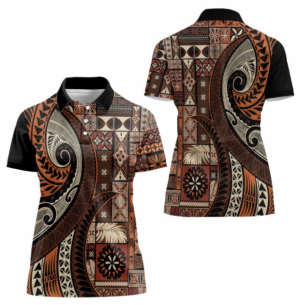 Vintage Samoa Siapo Mamanu Women Polo Shirt Brown Samoan Tapa Motif - Polynesian Pride