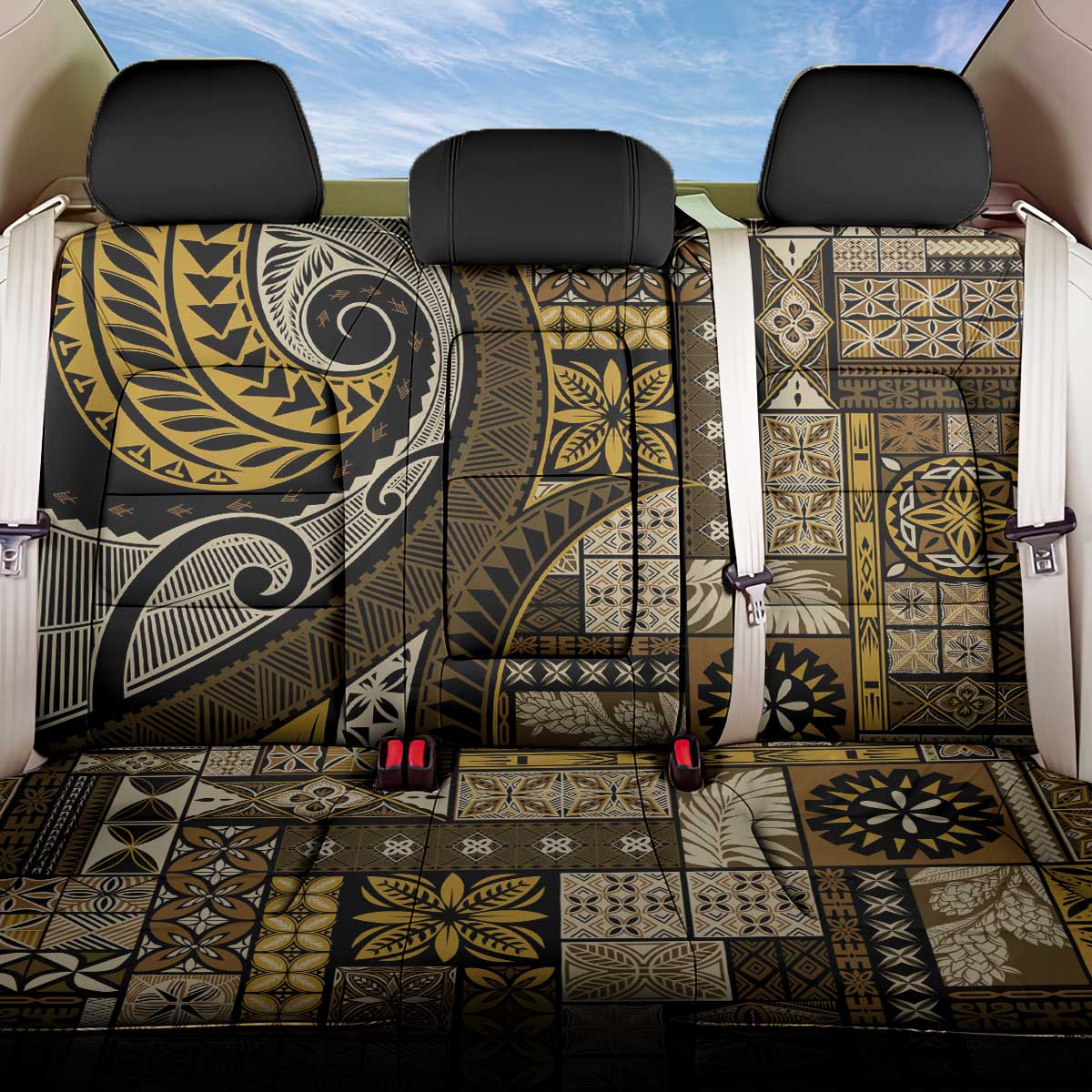 Vintage Samoa Siapo Mamanu Back Car Seat Cover Gold Samoan Tapa Motif - Polynesian Pride