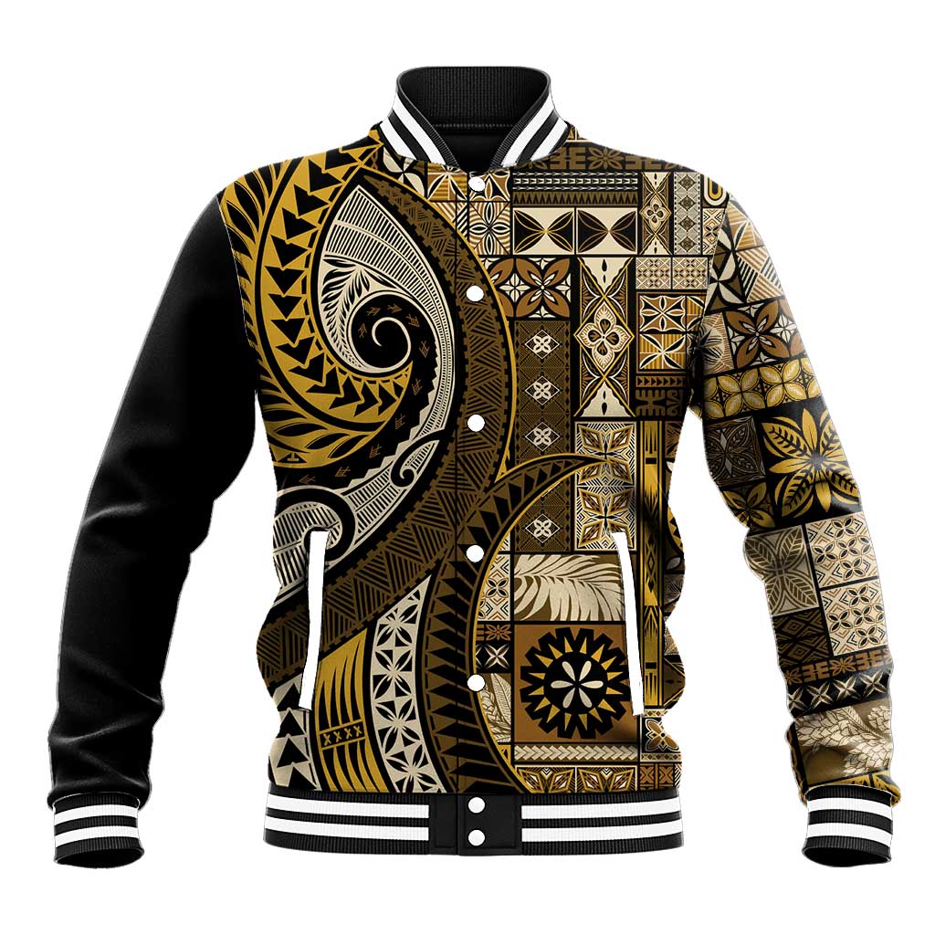 Vintage Samoa Siapo Mamanu Baseball Jacket Gold Samoan Tapa Motif - Polynesian Pride