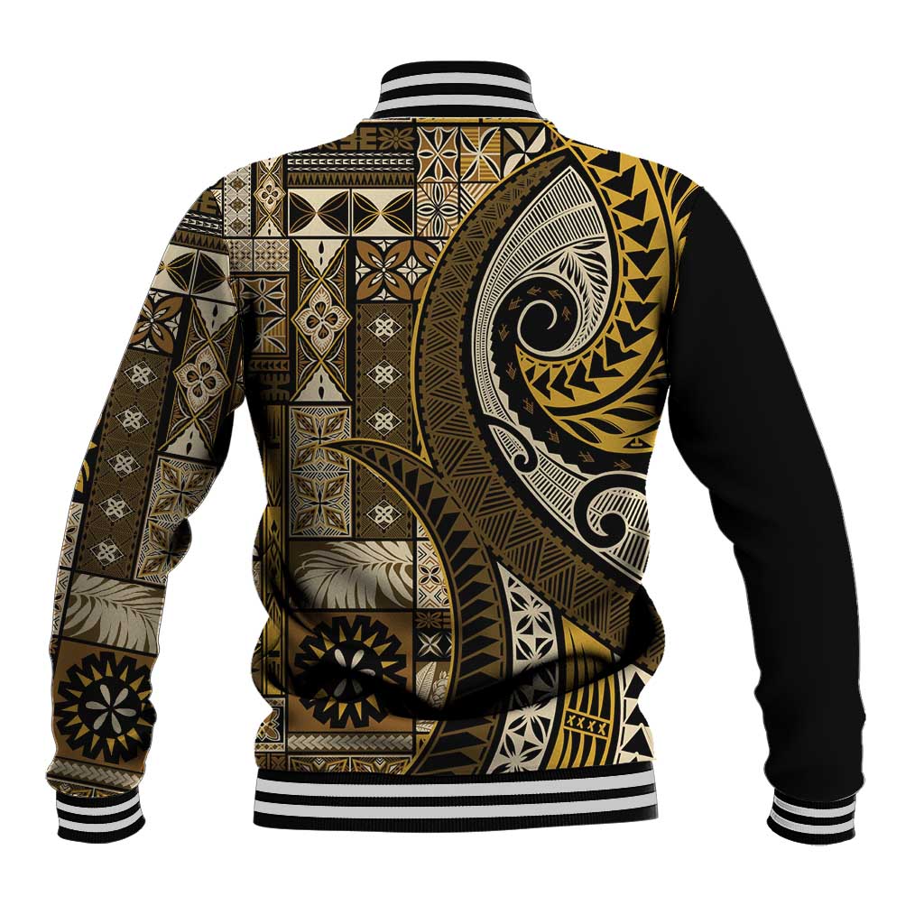 Vintage Samoa Siapo Mamanu Baseball Jacket Gold Samoan Tapa Motif - Polynesian Pride