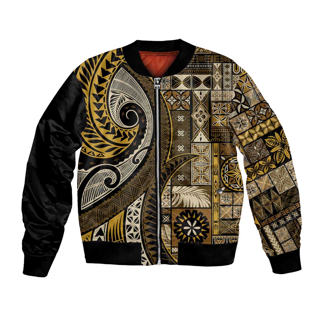 Vintage Samoa Siapo Mamanu Bomber Jacket Gold Samoan Tapa Motif - Polynesian Pride