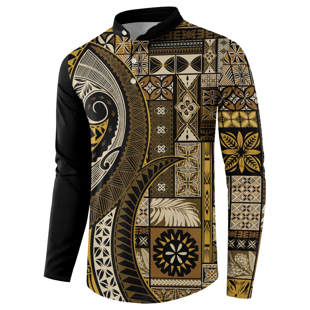 Vintage Samoa Siapo Mamanu Button Sweatshirt Gold Samoan Tapa Motif - Polynesian Pride