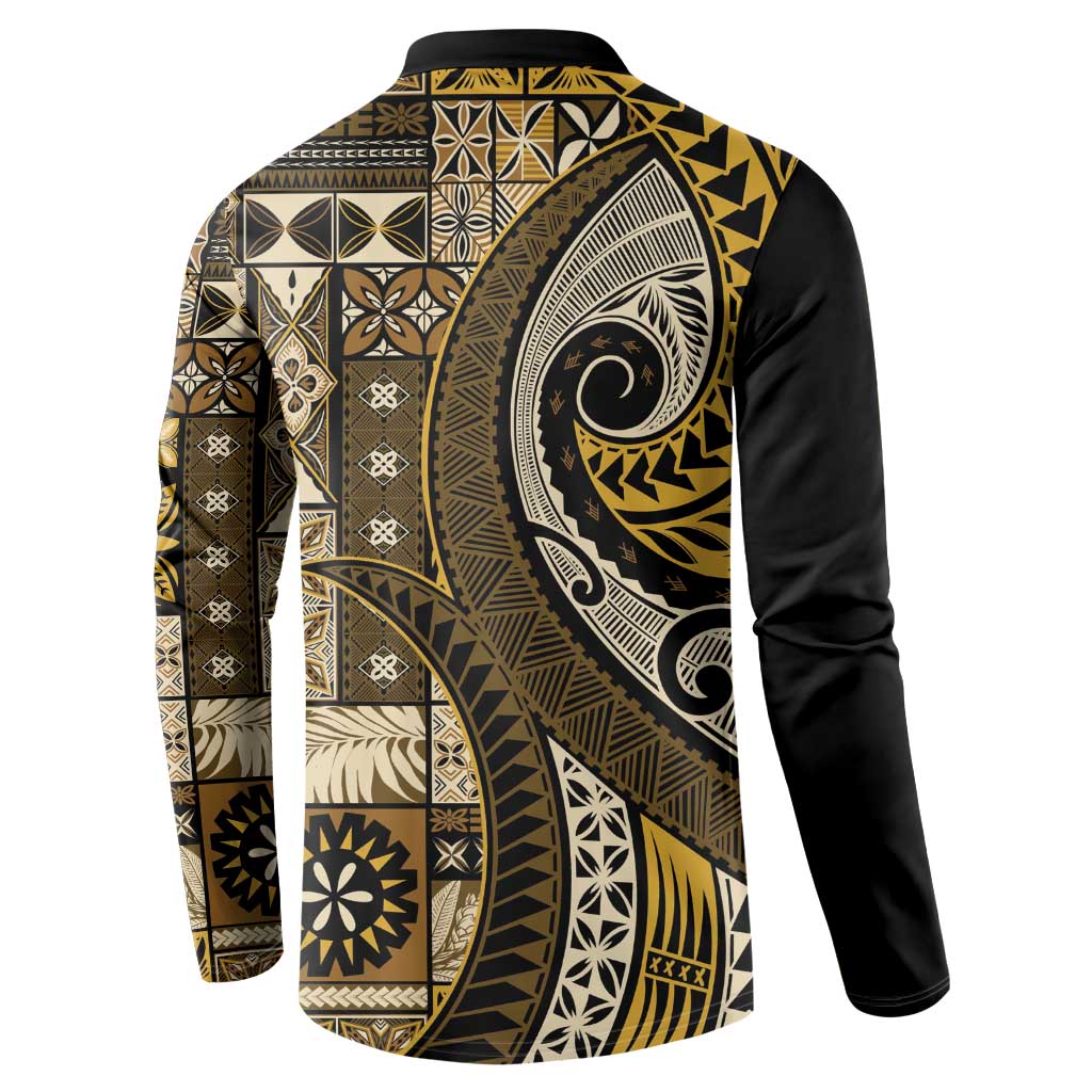 Vintage Samoa Siapo Mamanu Button Sweatshirt Gold Samoan Tapa Motif - Polynesian Pride