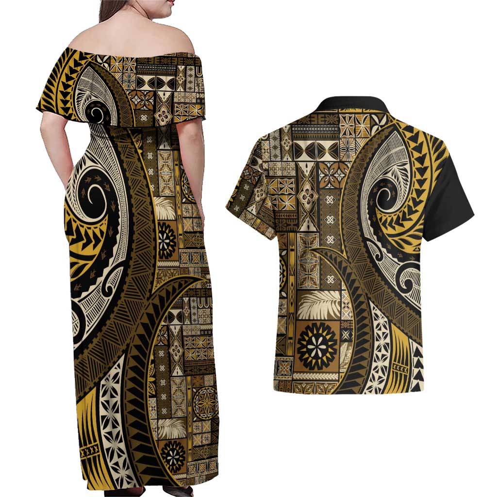 Vintage Samoa Siapo Mamanu Couples Matching Off Shoulder Maxi Dress and Hawaiian Shirt Gold Samoan Tapa Motif - Polynesian Pride