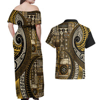 Vintage Samoa Siapo Mamanu Couples Matching Off Shoulder Maxi Dress and Hawaiian Shirt Gold Samoan Tapa Motif - Polynesian Pride