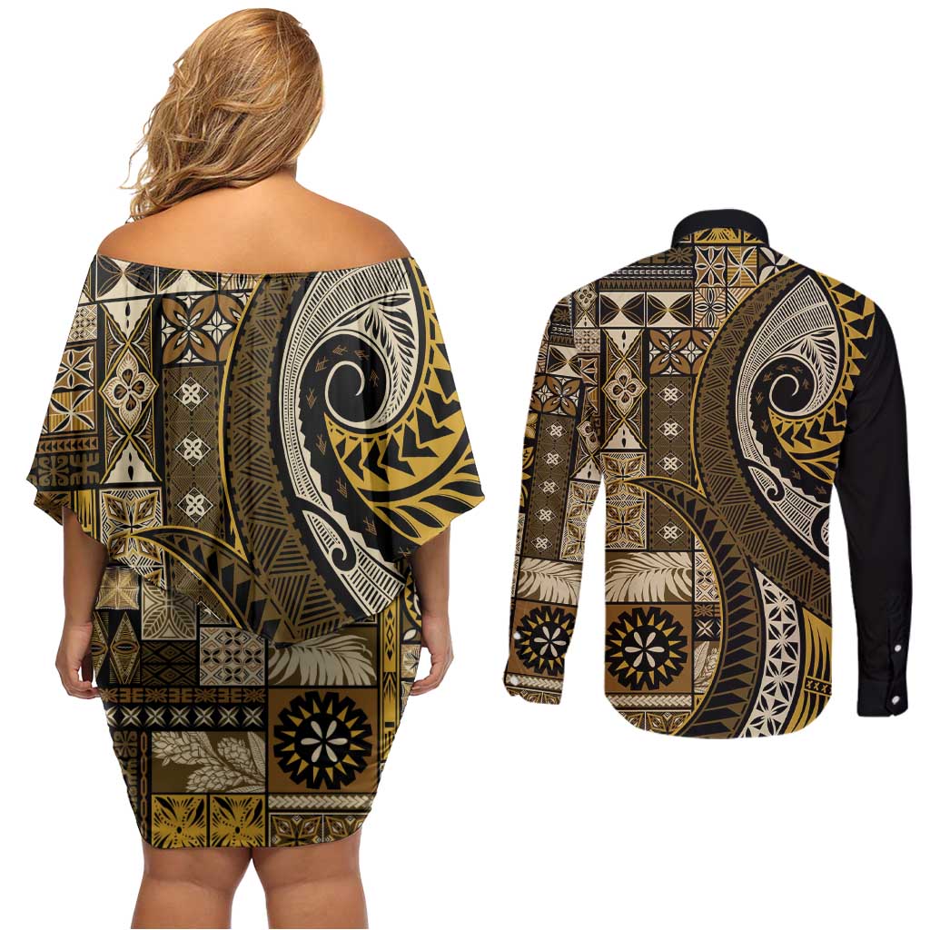 Vintage Samoa Siapo Mamanu Couples Matching Off Shoulder Short Dress and Long Sleeve Button Shirt Gold Samoan Tapa Motif - Polynesian Pride