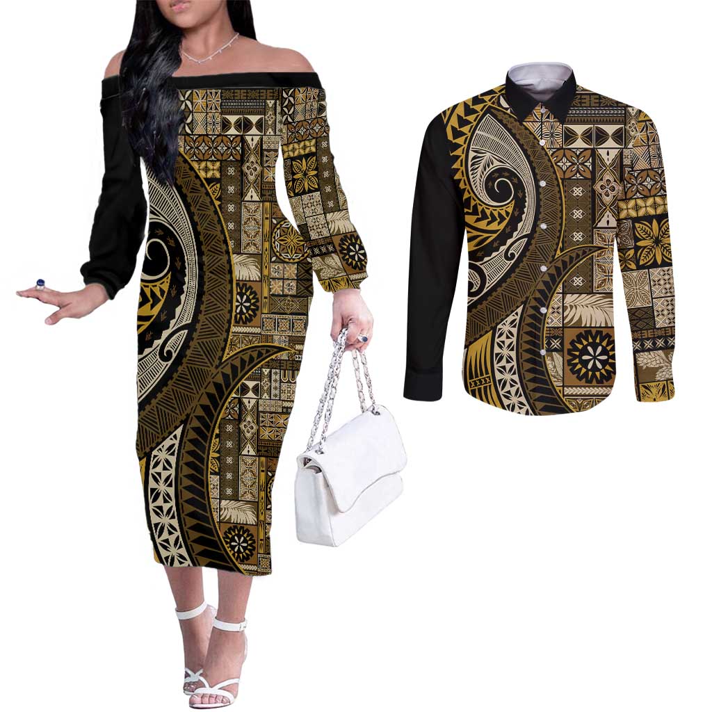 Vintage Samoa Siapo Mamanu Couples Matching Off The Shoulder Long Sleeve Dress and Long Sleeve Button Shirt Gold Samoan Tapa Motif - Polynesian Pride