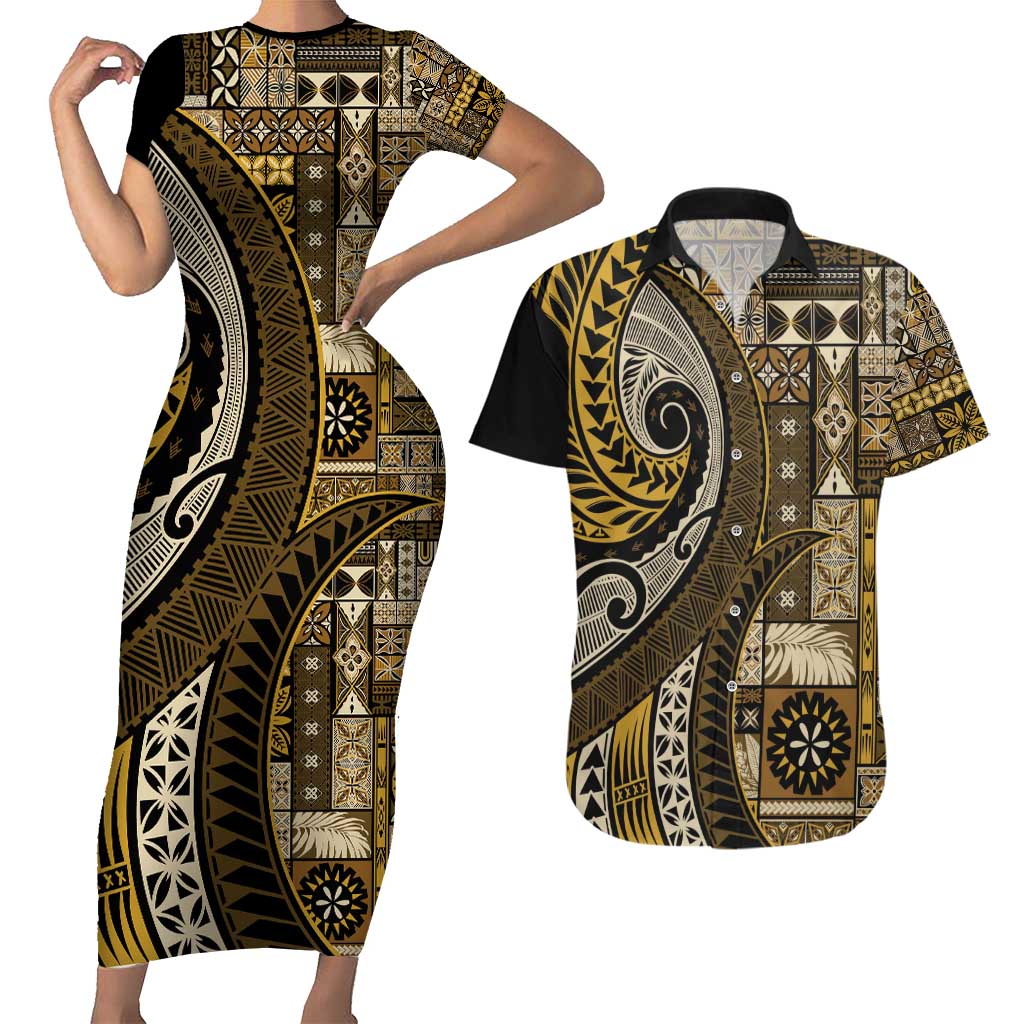 Vintage Samoa Siapo Mamanu Couples Matching Short Sleeve Bodycon Dress and Hawaiian Shirt Gold Samoan Tapa Motif - Polynesian Pride