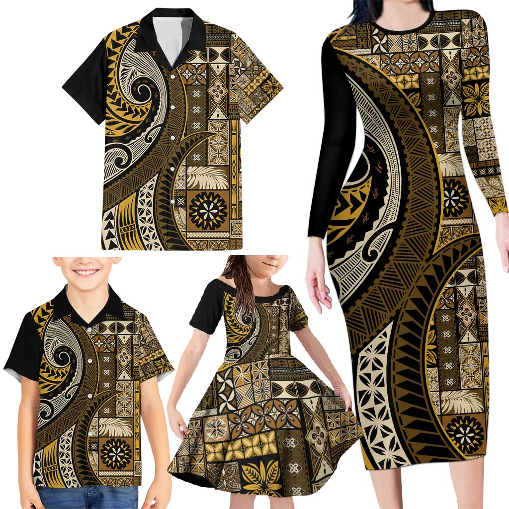 Vintage Samoa Siapo Mamanu Family Matching Long Sleeve Bodycon Dress and Hawaiian Shirt Gold Samoan Tapa Motif LT9 - Polynesian Pride