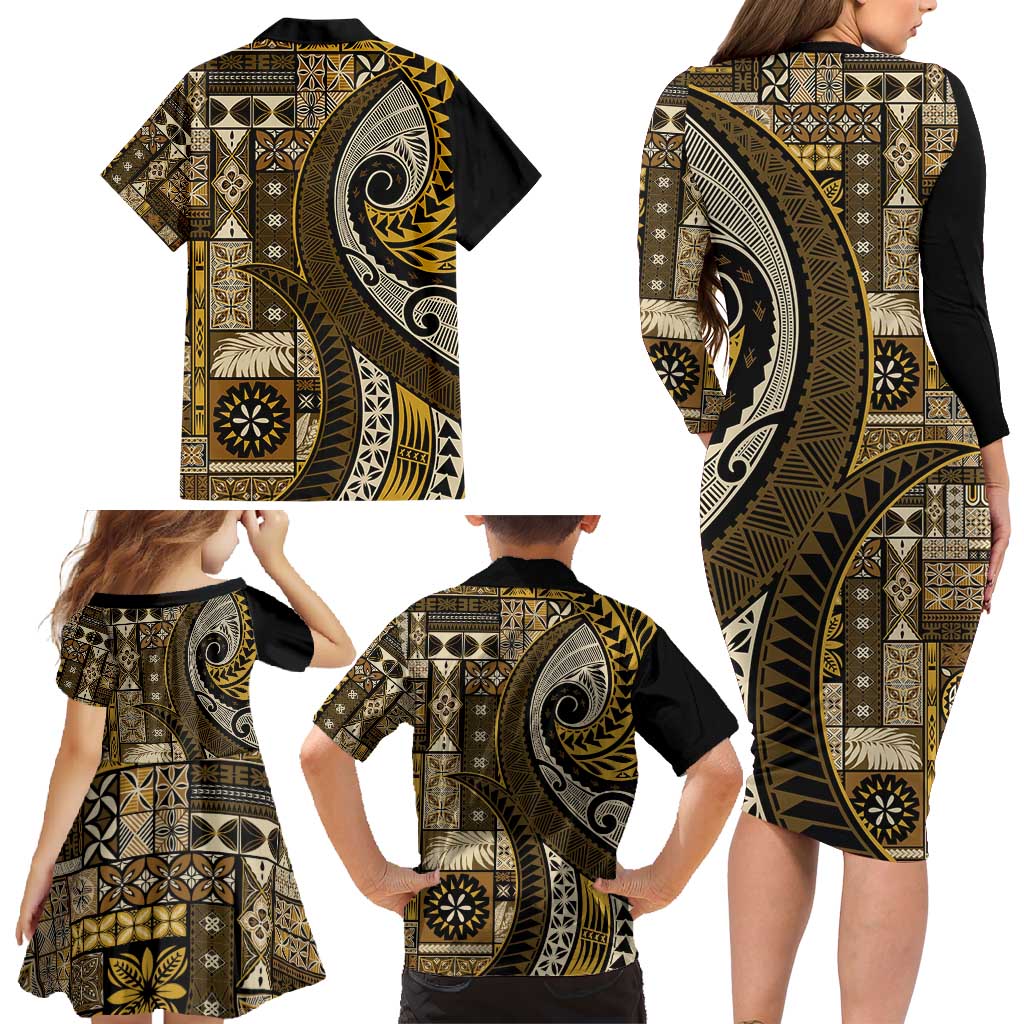 Vintage Samoa Siapo Mamanu Family Matching Long Sleeve Bodycon Dress and Hawaiian Shirt Gold Samoan Tapa Motif LT9 - Polynesian Pride