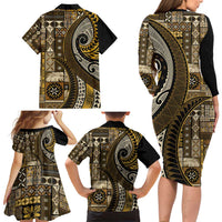 Vintage Samoa Siapo Mamanu Family Matching Long Sleeve Bodycon Dress and Hawaiian Shirt Gold Samoan Tapa Motif LT9 - Polynesian Pride