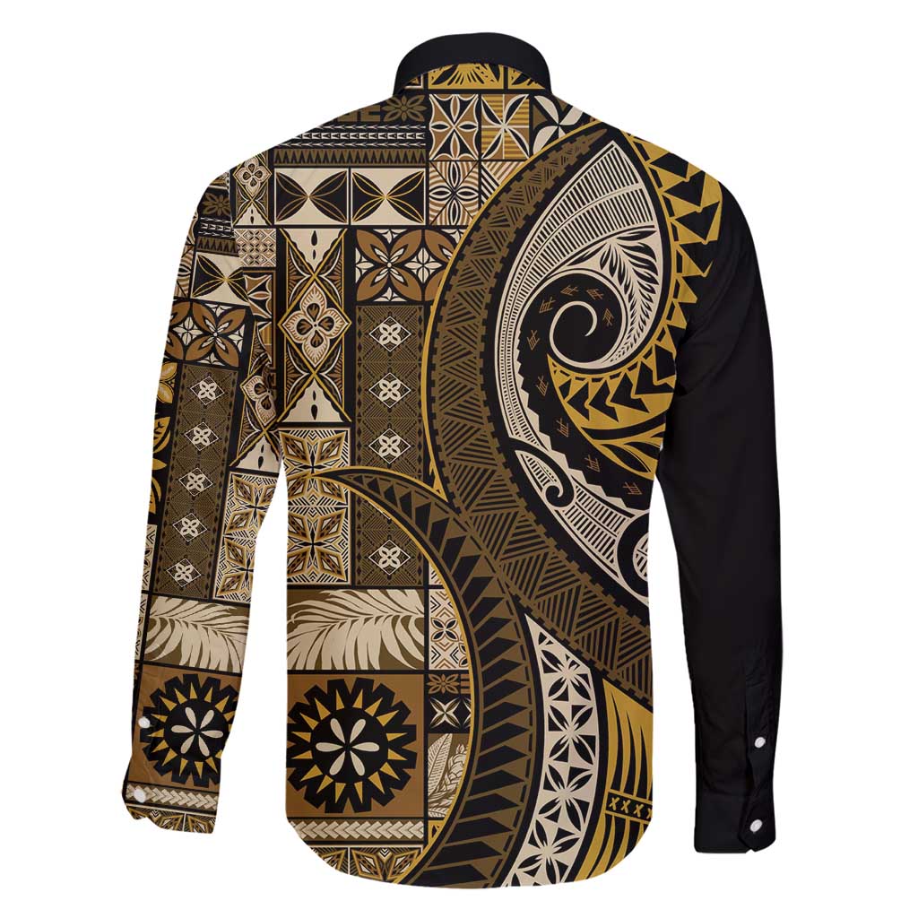 Vintage Samoa Siapo Mamanu Family Matching Long Sleeve Bodycon Dress and Hawaiian Shirt Gold Samoan Tapa Motif LT9 - Polynesian Pride