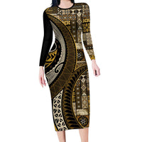 Vintage Samoa Siapo Mamanu Family Matching Long Sleeve Bodycon Dress and Hawaiian Shirt Gold Samoan Tapa Motif LT9 Mom's Dress Gold - Polynesian Pride