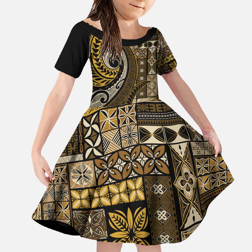 Vintage Samoa Siapo Mamanu Family Matching Mermaid Dress and Hawaiian Shirt Gold Samoan Tapa Motif LT9 Daughter's Dress Gold - Polynesian Pride