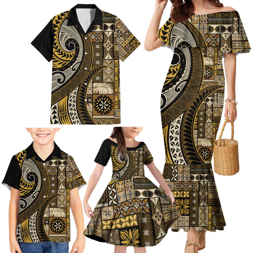 Vintage Samoa Siapo Mamanu Family Matching Mermaid Dress and Hawaiian Shirt Gold Samoan Tapa Motif LT9 - Polynesian Pride