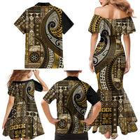 Vintage Samoa Siapo Mamanu Family Matching Mermaid Dress and Hawaiian Shirt Gold Samoan Tapa Motif LT9 - Polynesian Pride