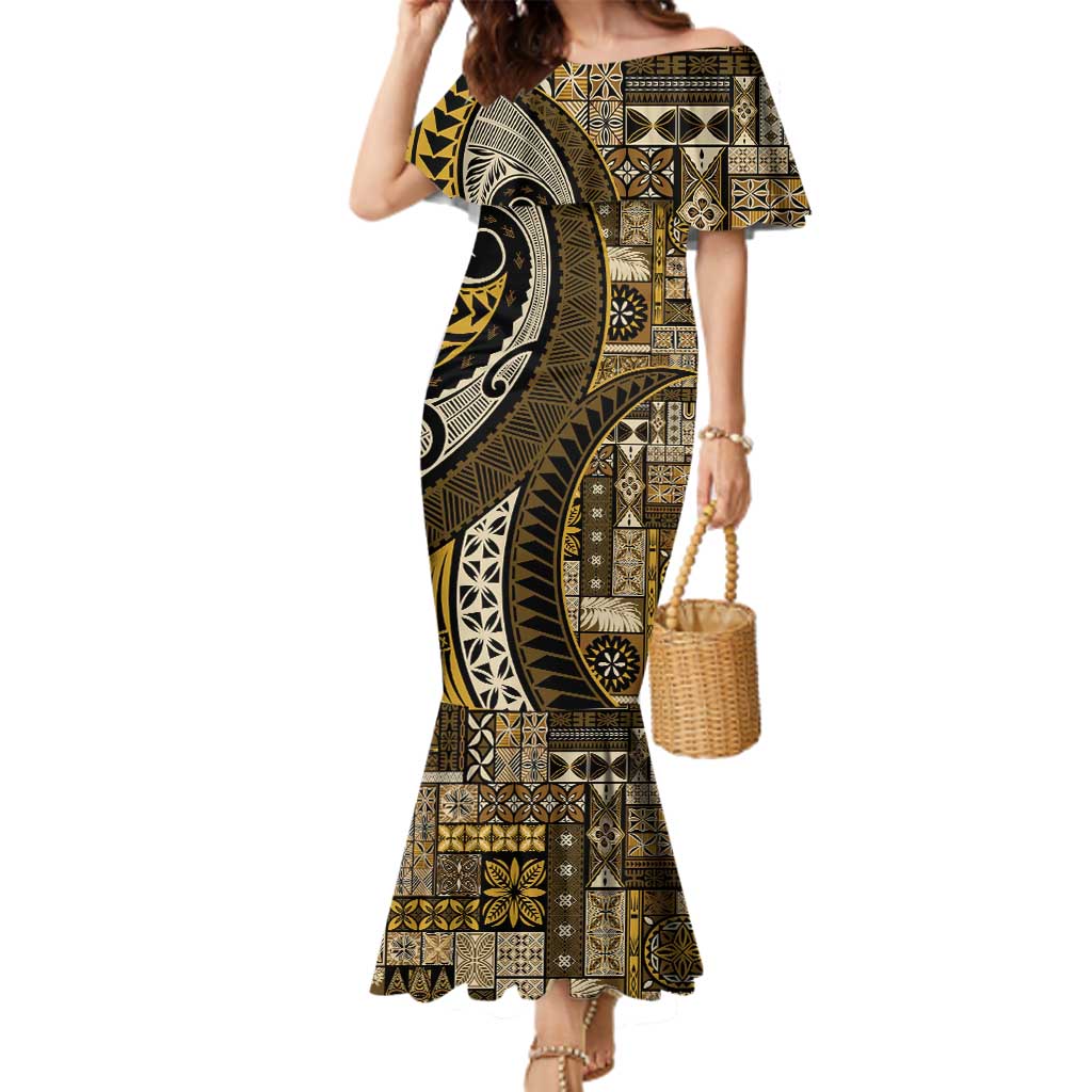 Vintage Samoa Siapo Mamanu Family Matching Mermaid Dress and Hawaiian Shirt Gold Samoan Tapa Motif LT9 Mom's Dress Gold - Polynesian Pride
