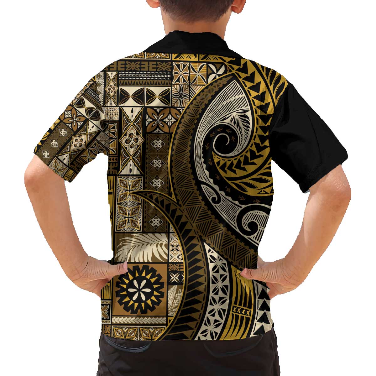 Vintage Samoa Siapo Mamanu Family Matching Off The Shoulder Long Sleeve Dress and Hawaiian Shirt Gold Samoan Tapa Motif LT9 - Polynesian Pride