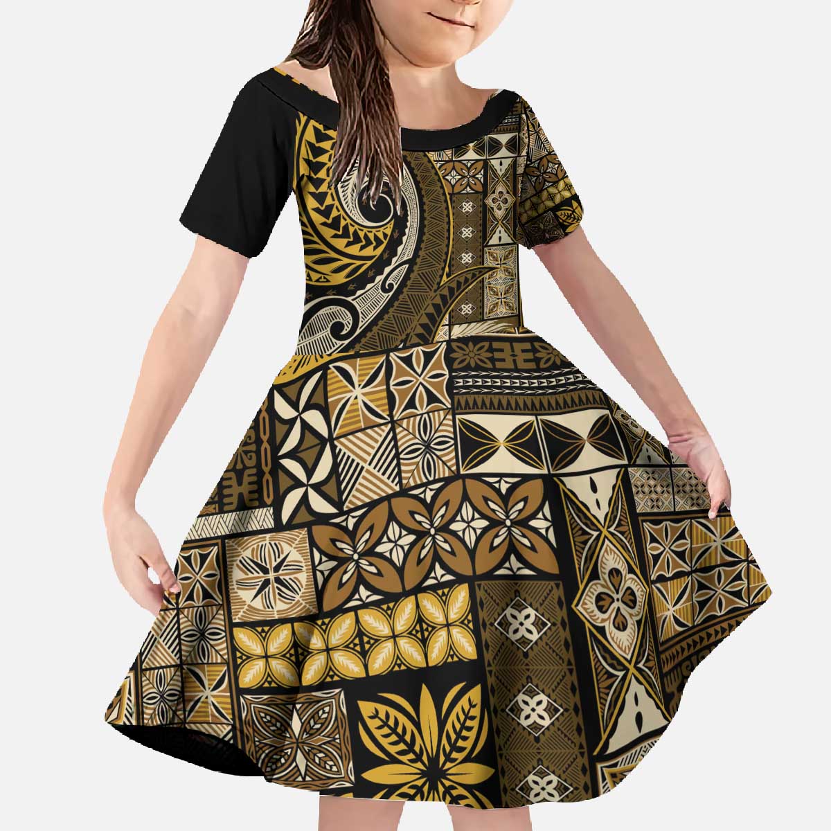Vintage Samoa Siapo Mamanu Family Matching Off The Shoulder Long Sleeve Dress and Hawaiian Shirt Gold Samoan Tapa Motif LT9 Daughter's Dress Gold - Polynesian Pride
