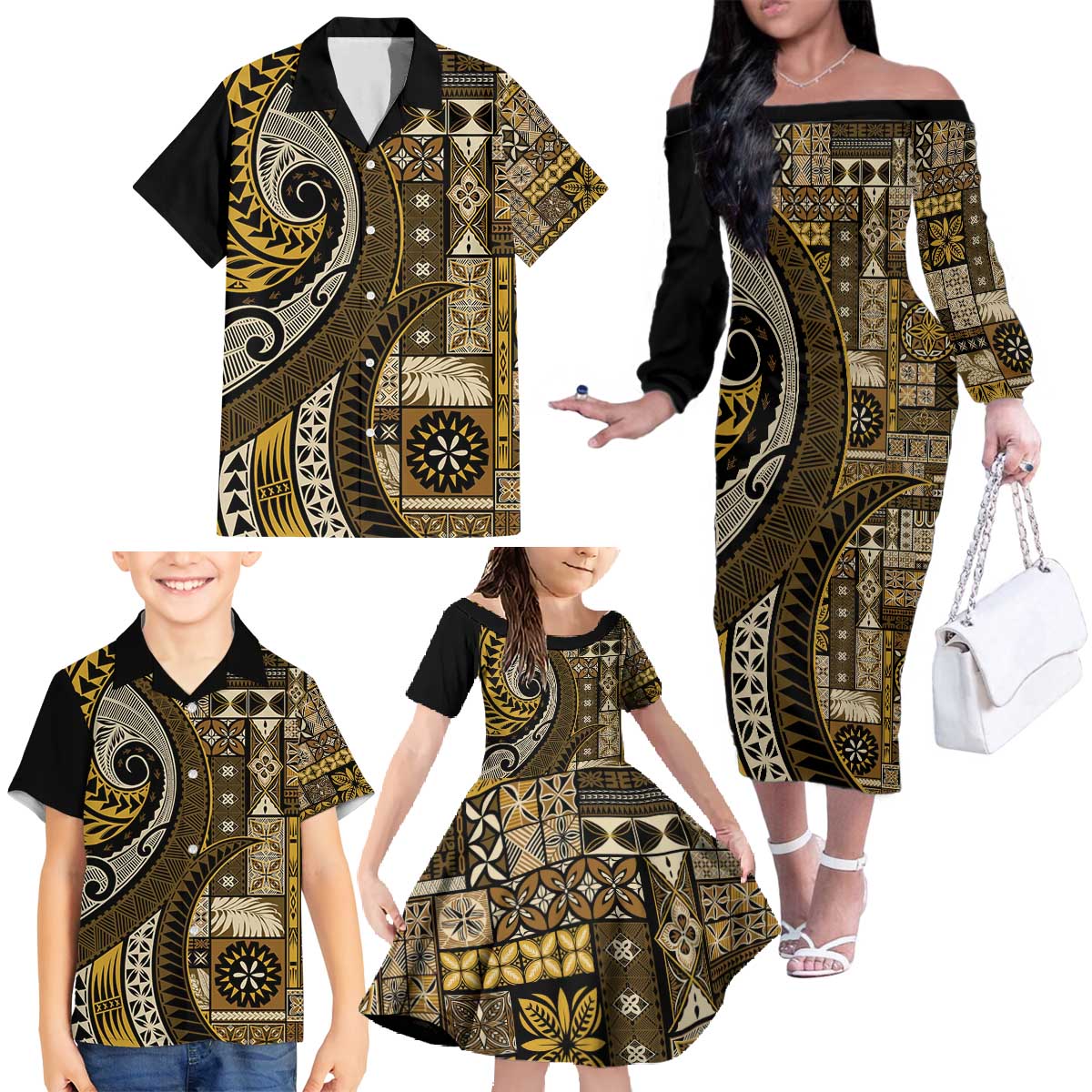 Vintage Samoa Siapo Mamanu Family Matching Off The Shoulder Long Sleeve Dress and Hawaiian Shirt Gold Samoan Tapa Motif LT9 - Polynesian Pride