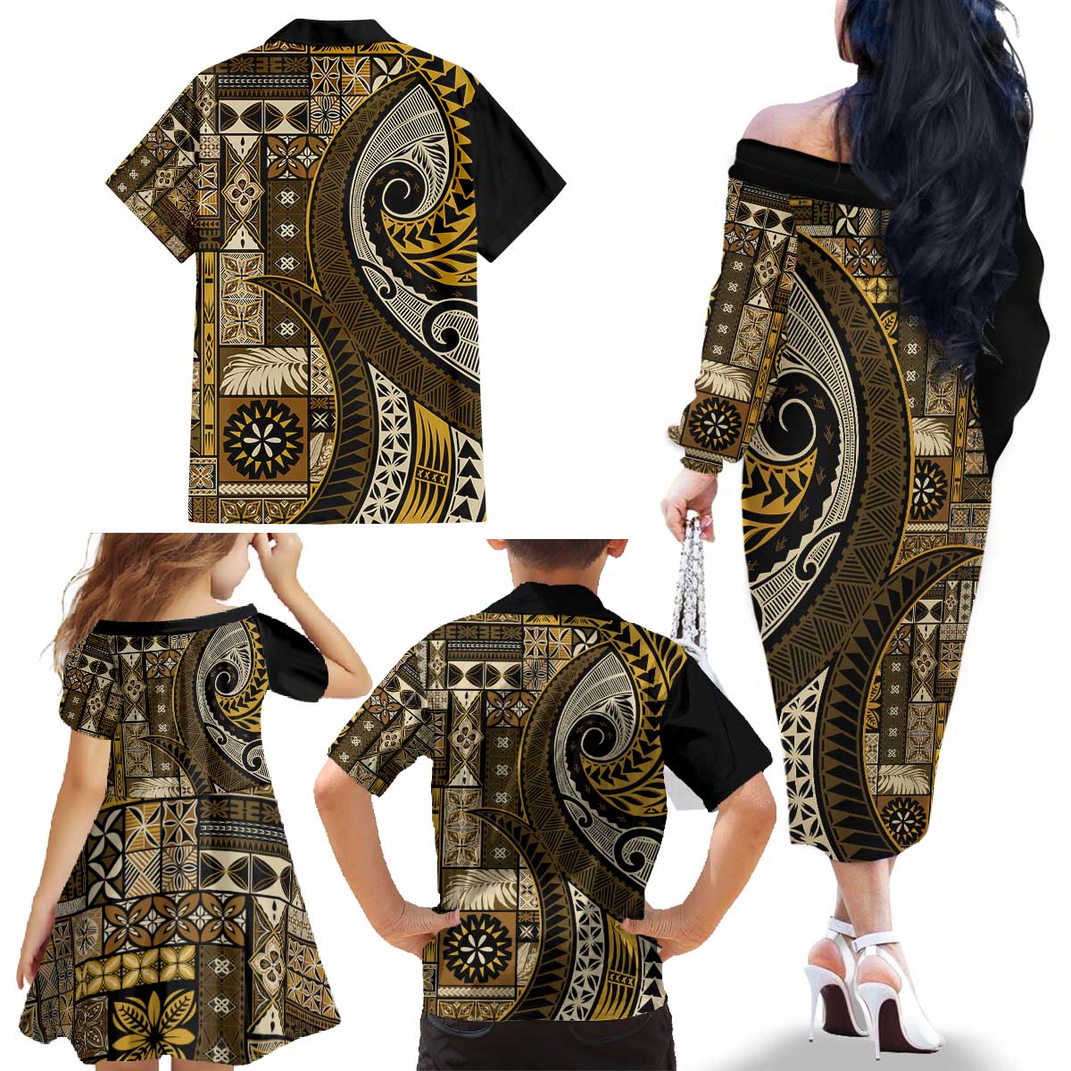 Vintage Samoa Siapo Mamanu Family Matching Off The Shoulder Long Sleeve Dress and Hawaiian Shirt Gold Samoan Tapa Motif LT9 - Polynesian Pride