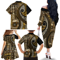 Vintage Samoa Siapo Mamanu Family Matching Off The Shoulder Long Sleeve Dress and Hawaiian Shirt Gold Samoan Tapa Motif LT9 - Polynesian Pride