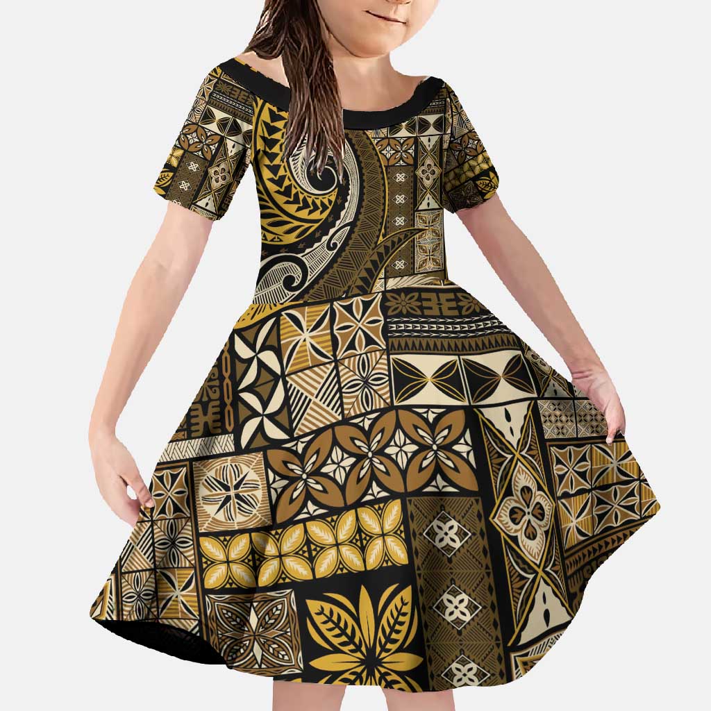 Vintage Samoa Siapo Mamanu Family Matching Off Shoulder Maxi Dress and Hawaiian Shirt Gold Samoan Tapa Motif LT9 Daughter's Dress Gold - Polynesian Pride
